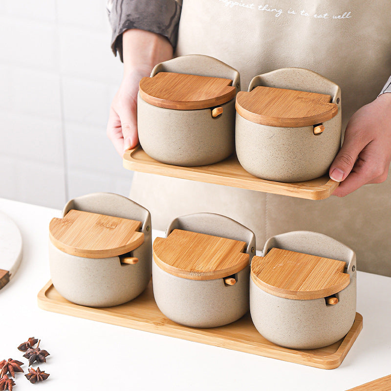 Japanese Ceramic Seasoning Jar With Bamboo And Wood Cover