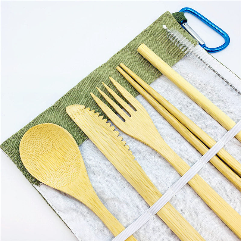 Portable Eco Friendly Flatware Set 7PCS Bamboo Cutlery Set Knife Fork Spoon Reusable Straws Chopsticks Bamboo Travel Utensils