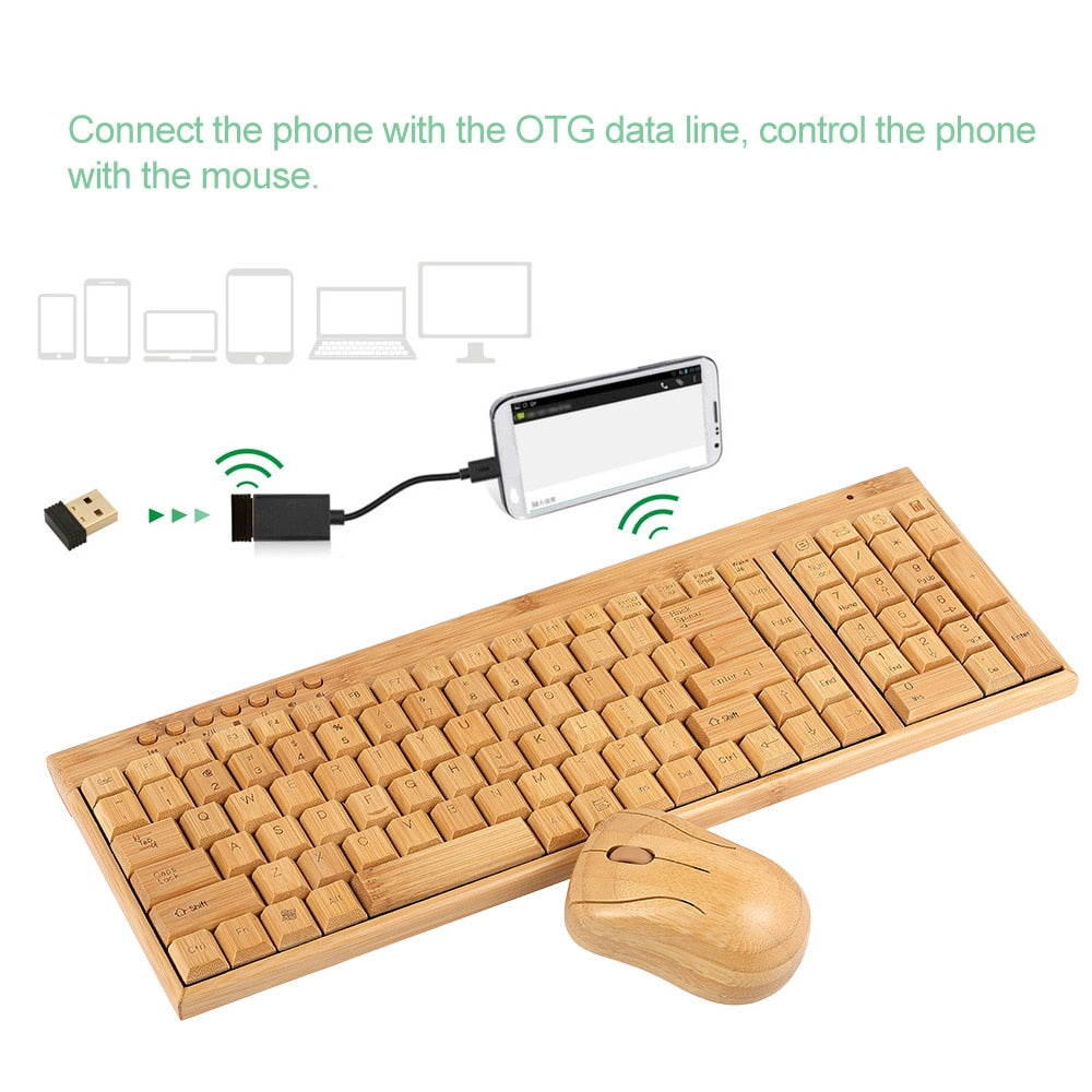 2.4G Wireless Bamboo PC Keyboard and Mouse Combo Combos Computer Keyboard Mice Office Handcrafted Natural Wooden Plug and Play