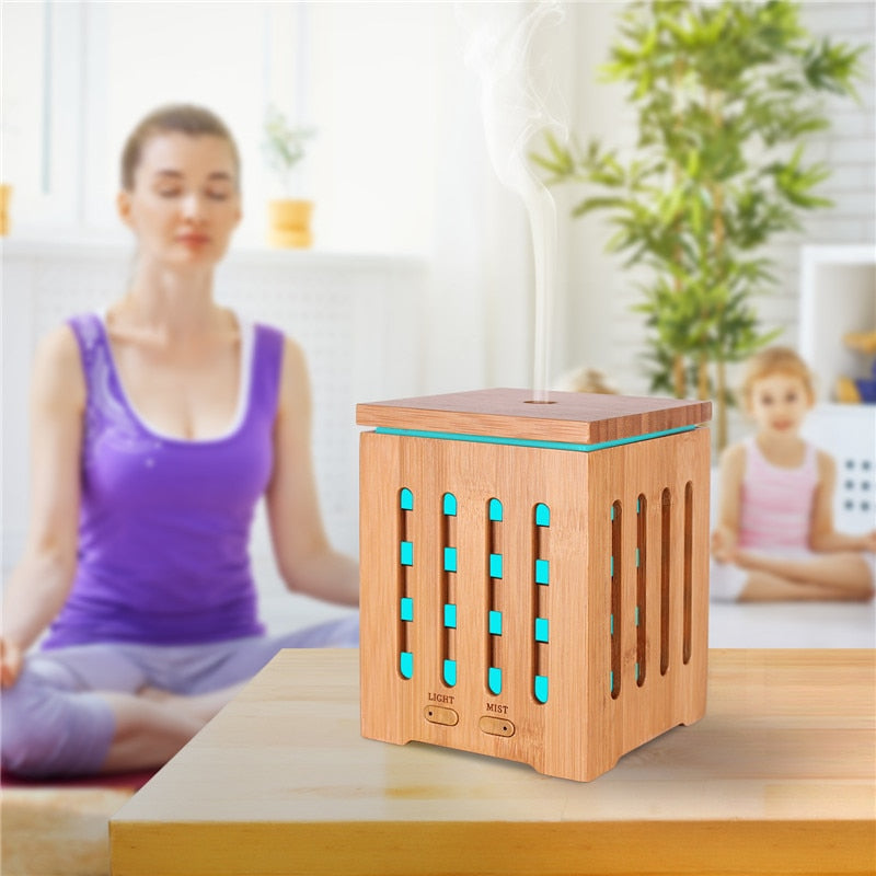 Real Bamboo Essential Oil Diffuser Ultrasonic Aromatherapy Diffusers with 7 LED Colorful Lights and Waterless Auto Shut