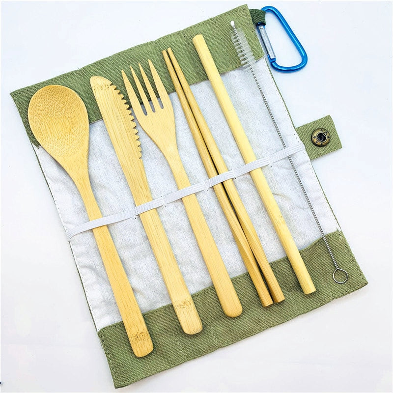 Portable Eco Friendly Flatware Set 7PCS Bamboo Cutlery Set Knife Fork Spoon Reusable Straws Chopsticks Bamboo Travel Utensils