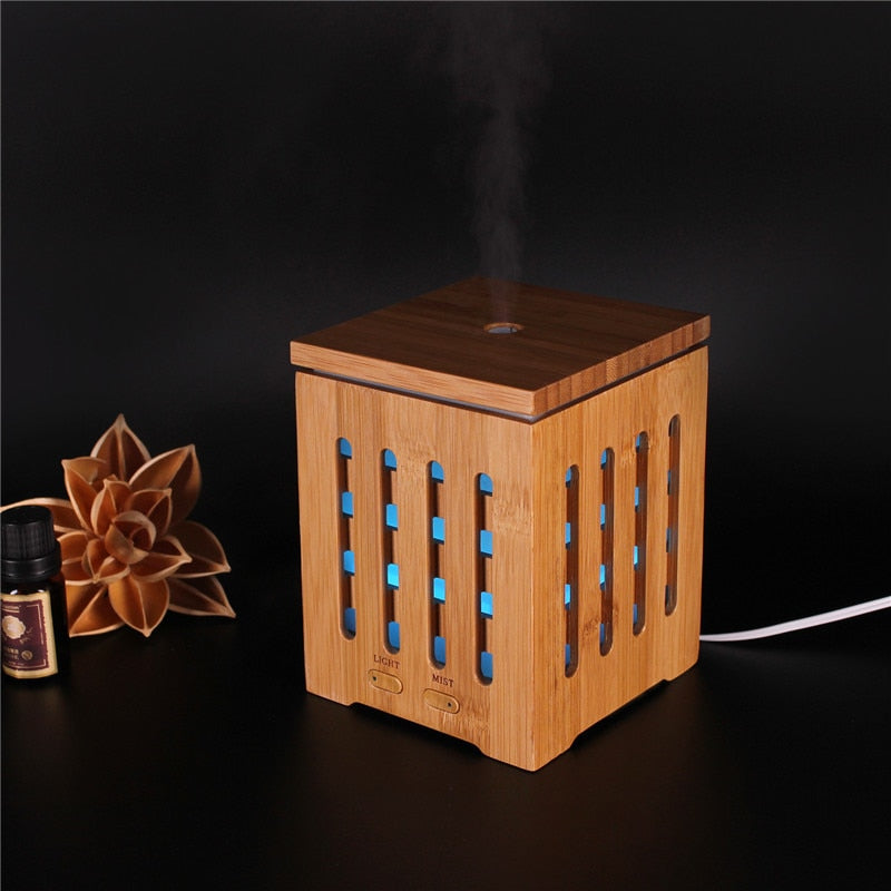 Real Bamboo Essential Oil Diffuser Ultrasonic Aromatherapy Diffusers with 7 LED Colorful Lights and Waterless Auto Shut