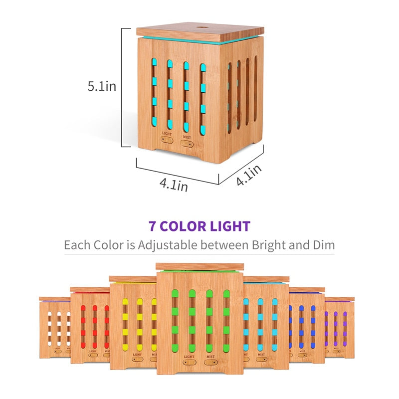 Real Bamboo Essential Oil Diffuser Ultrasonic Aromatherapy Diffusers with 7 LED Colorful Lights and Waterless Auto Shut